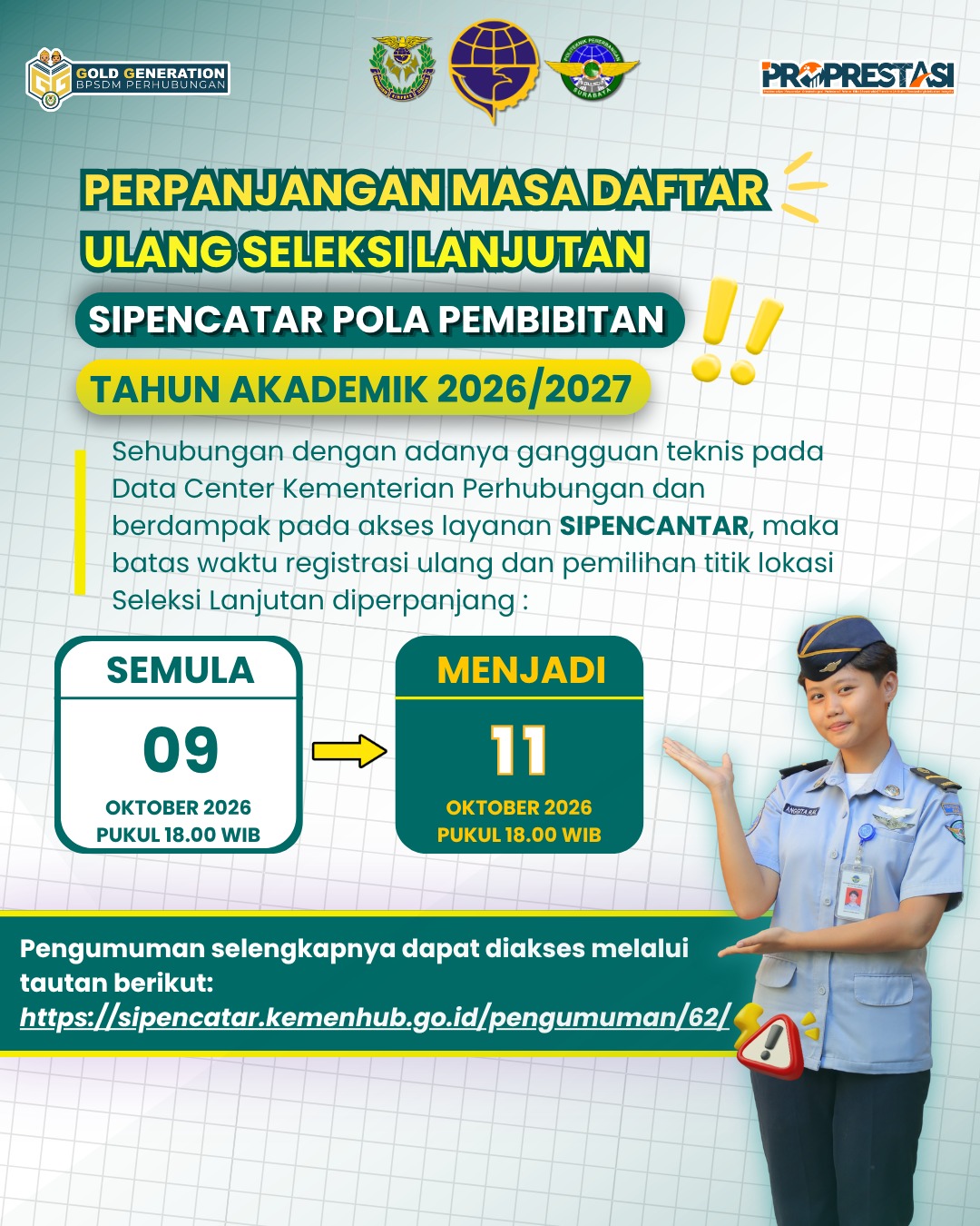 Perpanjangan masa daftar ulang seleksi lanjutan SIPENCATAR Pola Pembibitan Tahun Ajaran Tahun 2026/2027